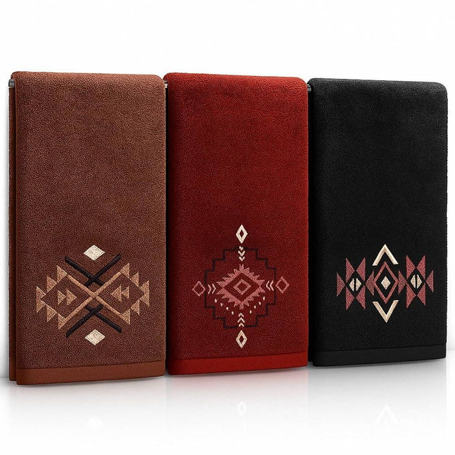 Fanfanwin 3 Pcs Western Aztec Hand Towels Southwestern Decor Embroidered 100% Cotton 14 x 29 Rustic Boho Decorative Bathroom Kitchen Towels for Drying Cleaning Cooking