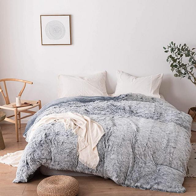 Roore Faux Fur Duvet Cover | Luxury Fluffy Plush Shaggy Soft Duvet Cover Comforter 1 Piece Set (Gray Ombre, King)