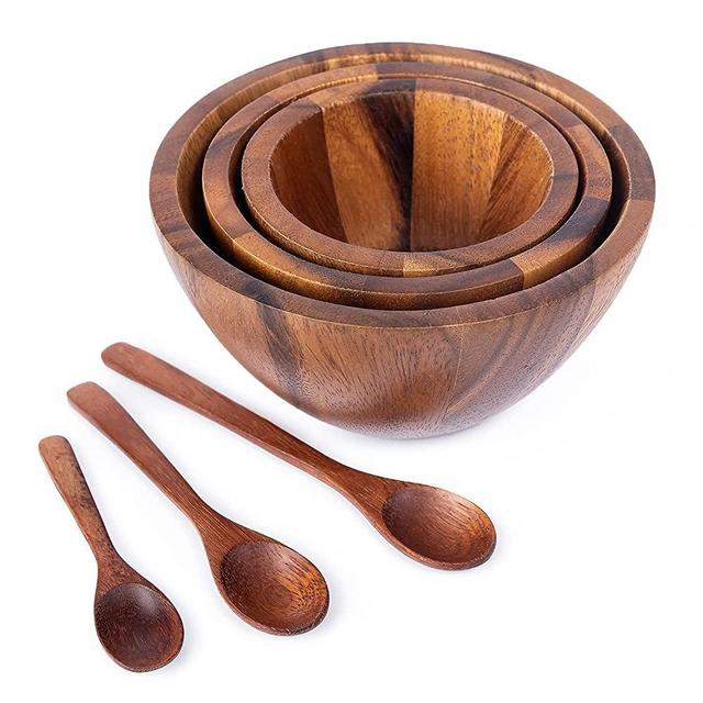 Small nesting wood Bowls Mix size Stackable Acacia wooden bowl set with 3 spoons for serving salad, fruit, dip sauce, salsa, snack, rice, pasta or cereal, with diameter 3.9 in, 4.8 in, and 5.9 in