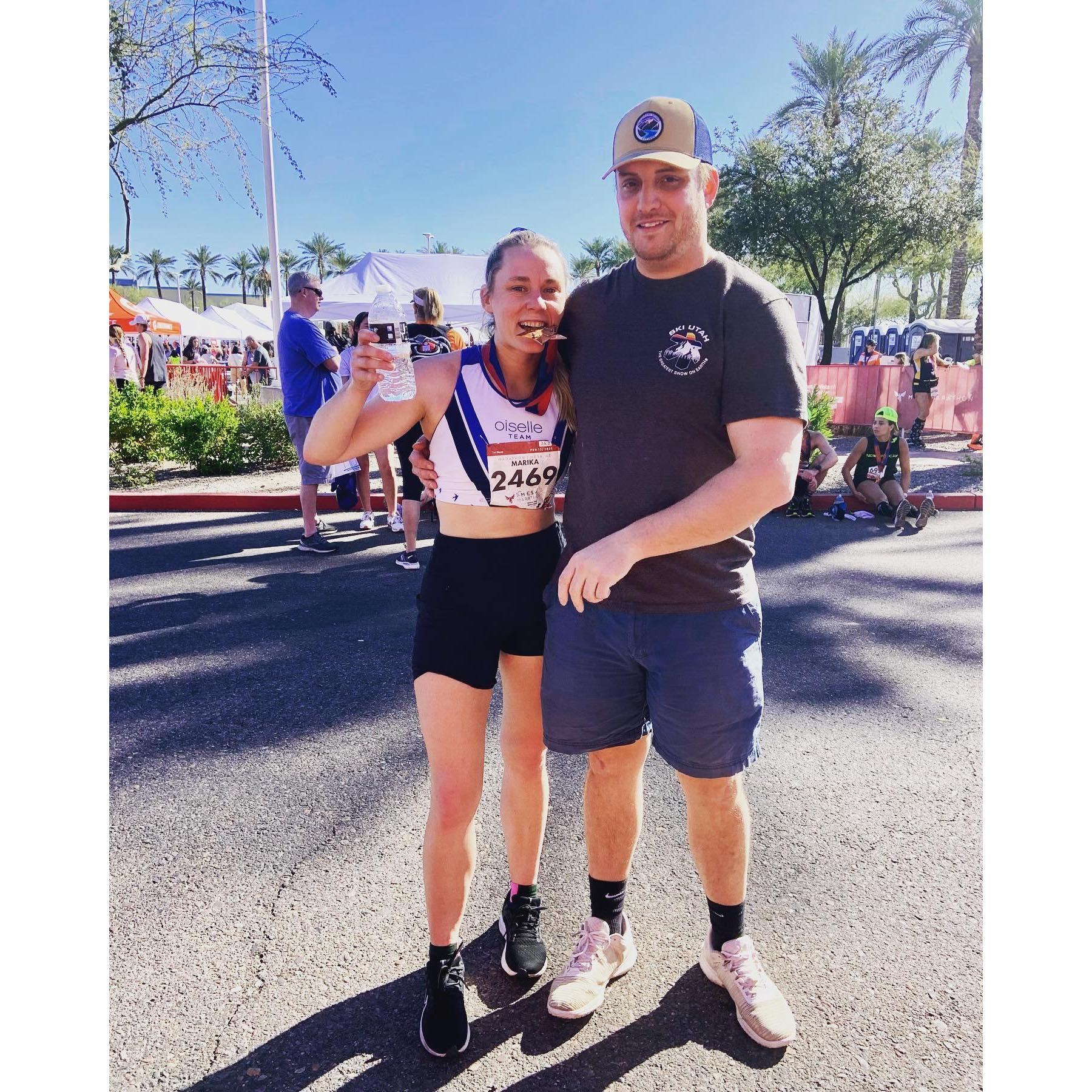 Marathon finish line celebration -- Sean celebrating Marika's finish. Marika celebrating Sean's growing interest in the sport of running #victory