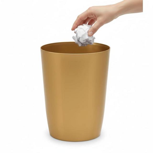 Mini Waste Basket - Durable Small Plastic Garbage Trash Can Bin - Lidless Open-Top, Slim Profile for Compact Spaces - Suitable for Home, Bathroom, Office, Bedroom, Kitchen and More, Soft Brass