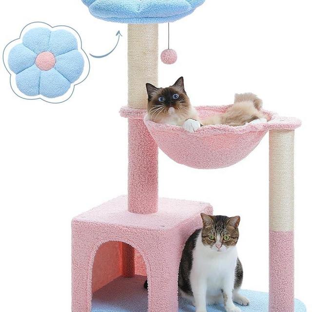 MUTTROS Flower Cat Tree with Large Metal Frame Hammock, 35" Pink Cat Tower with Sisal Scratching Posts for Small Indoor Cats, Cat Condo with Blue Top Perch for Kittens, Fluffy Ball, Pink