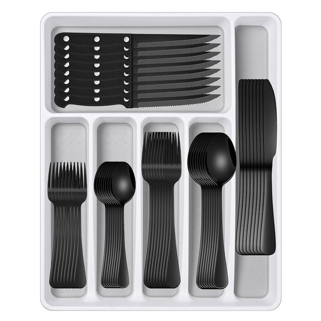 Black 49 Pieces Stainless Steel Flatware Sets With Organizer,Black Silverware Sets With Steak Knives Service For 8,Black Tableware Cutlery Sets For Home Kitchen