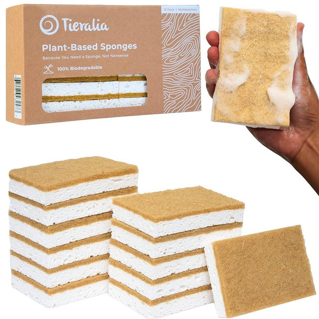 Tieralia Natural Dish Sponge Set – 12-Pack Eco-Friendly & Compostable Scrubbers | Cellulose & Sisal | Non-Toxic, Odor-Free, Reusable Kitchen Sponges for Dishes, Sink, Pots & Pans