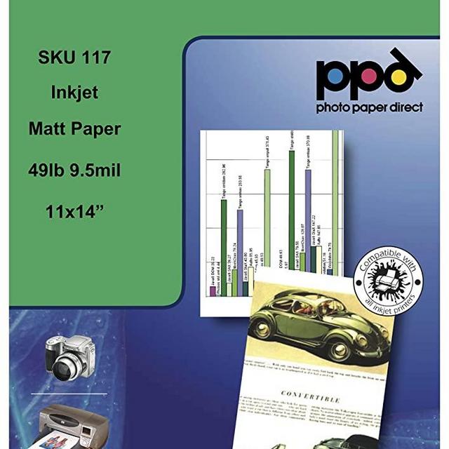 PPD 50 Sheets Inkjet Matte Photo Paper 11x14 49lbs 180gsm 9.5mil High Resolution Instant Dry Heavyweight (PPD-117-50)