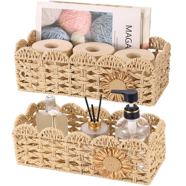 Vlovelife Wicker Storage Basket 2 Pack - Boho Decor Bathroom Organizer Basket, Decorative Toilet Paper Basket & Countertop Bin for Home, Kitchen, Laundry Organization 14.7x6.7 & 13x5.5 Inch- Nature