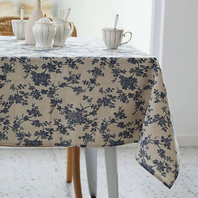 Pastoral Rectangle Tablecloth - 60 x 102 Inch - Linen Fabric Table Cloth - Washable Table Cover with Dust-Proof Wrinkle Resistant for Restaurant, Picnic, Indoor and Outdoor Dining, Floral (Dark Blue)