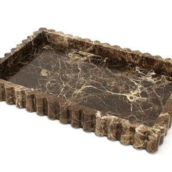 Natural Marble Tray for Bathroom, Real Stone Decorative Vanity Tray with Fluted Edge, Large Marble Serving Storage Tray for Kitchen Counter, Dresser, Home Decor, 11.8" x 8", Dark Brown