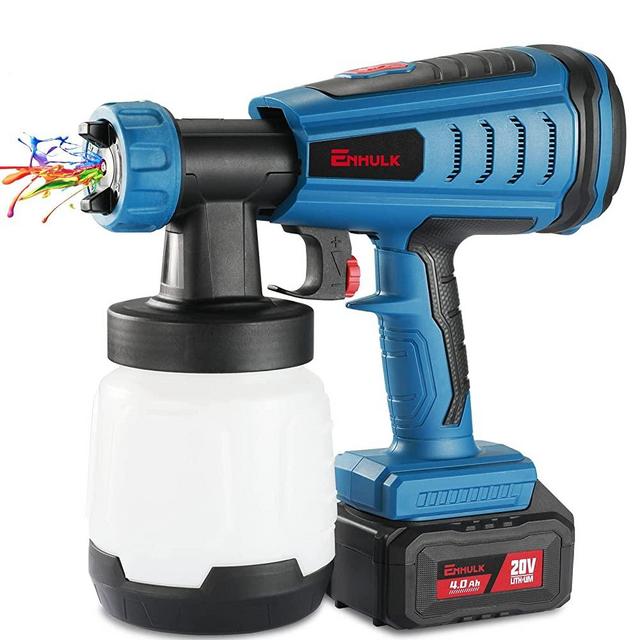 Enhulk Cordless Paint Sprayer with Brushless Motor, 20V Electric HVLP Paint Sprayer with 4.0Ah Battery, 800ml Container, Spray Paint Gun Includes 5 Copper Nozzles, 3 Spray Patterns, for Home, Outdoors
