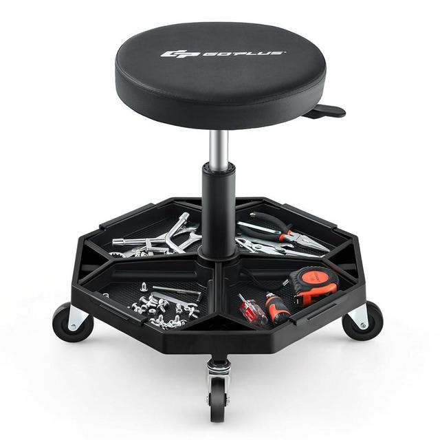 Goplus Mechanic Stool, Rolling Garage Chair with 16”-22” Adjustable Height, Removable Magnetic Tool Tray, 2” Thick Padded Cushion, Universal Wheels, 330LBS, Roller Creeper Seat (Black)