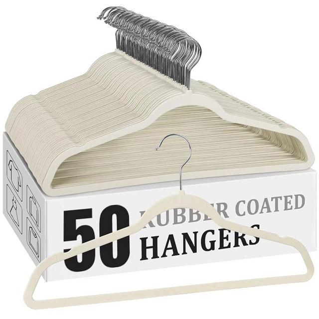 Rubber Coated Plastic Hangers 50 Pack Clothes Hangers, 17.5 Inches Wide, Non-Slip, Heavy-Duty Dorm Hangers for Coats, Pants, Dresses, Shirts,Beige