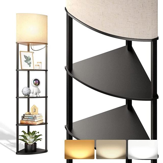 addlon 5-Tier Sector Corner Shelf Floor Lamp with 3 Color Temperatures LED Bulb and White Lamp Shade - Display Floor Lamps with Shelves for Living Room, Bedroom and Office - Black