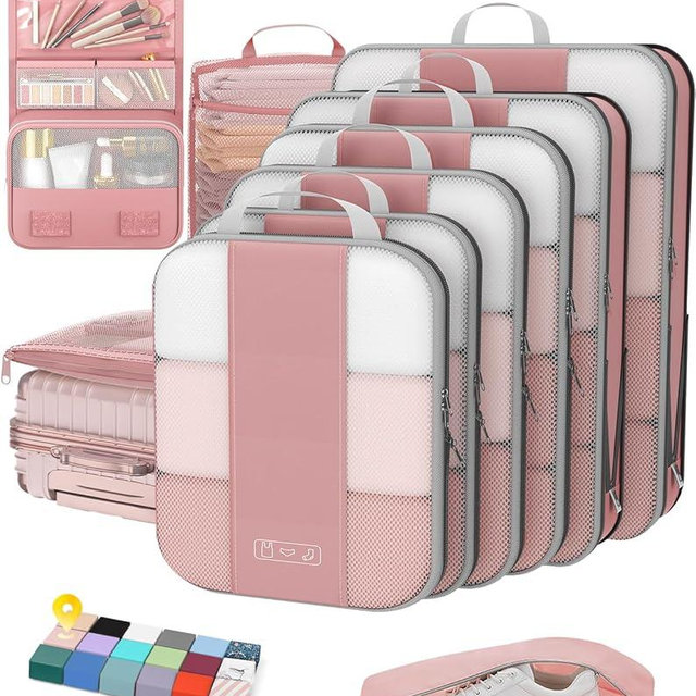 10 Set Compression Packing Cubes for Travel Essentials,Compressible Expandable Packing Cubes for Suitcase,OlarHike Luggage Organizer Bags for Travel,Handy Helper for Organizing Clothes(Light Coral)