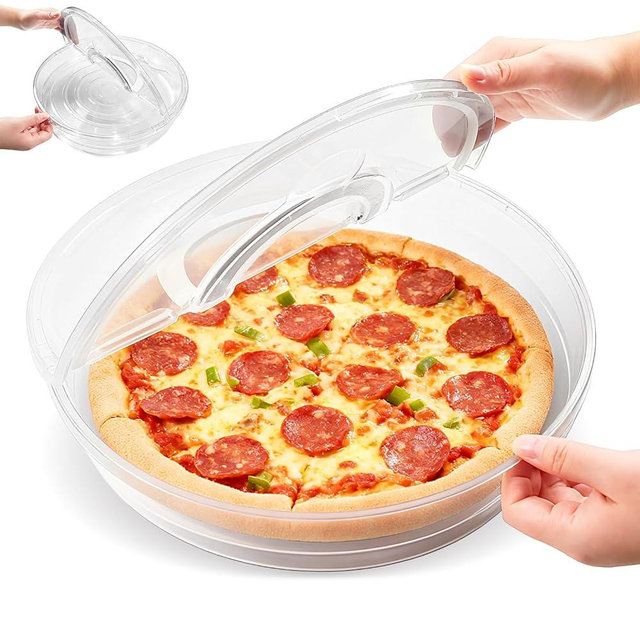 Zmpkhba 2 Pack 12 Inch Food Storage Container with Lid and Handle, Round Plastic Pizza Slice Storage Container, Reusable Pie Carrier Keeper for Food Cake Cheesecake, Clear