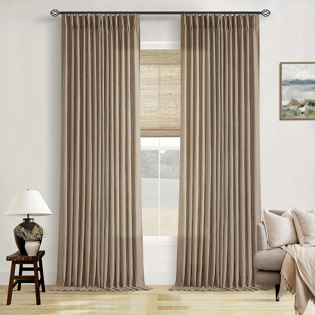 TWODRAPES Light Brown Linen Curtains Pinch Pleated Living Room Bedroom Dining Boho Light Filtering Pinch Pleat Drapes Hooks Rings Back Tab Semi Sheer Tan Latte Coffee Color Window Curtains 2 Panels