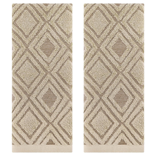 REGALWOVEN Geometric Pattern Cotton Absorbent Soft Hand Towels for Hand Drying and Face Washing 13" x 29" Brown 2 Pcs