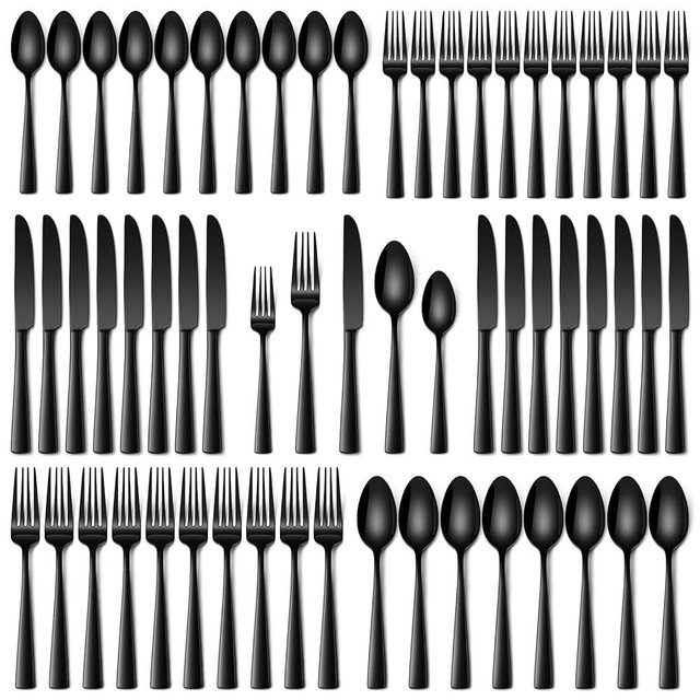 Stapava 60 Pcs Black Silverware Set, Food-Grade Stainless Steel Flatware Set for 12 Mirror Polished Cutlery Utensil Sets Include Dinner Forks Spoons and Knives Set Dishwasher Safe for Home Restaurant