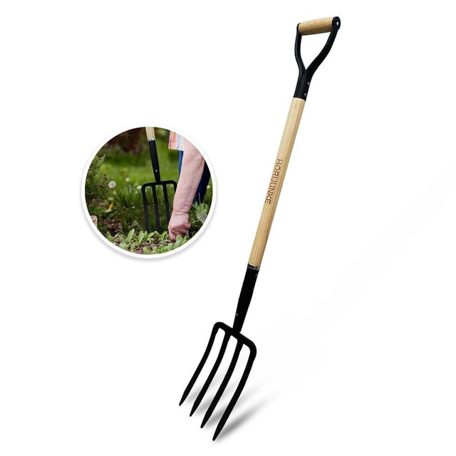 HORIJUNKE Garden Fork,4-Tine Pitchfork,Spading Digging Fork,Forged Steel Y-Grip, Wood Handel,45Inch