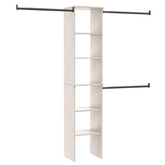 ClosetMaid SuiteSymphony Wood Closet Organizer Kit with Tower, (3) Hang Rods, (5) Shelves (2-Adjustable), Fits Spaces 4-9 ft. Wide, White Timber