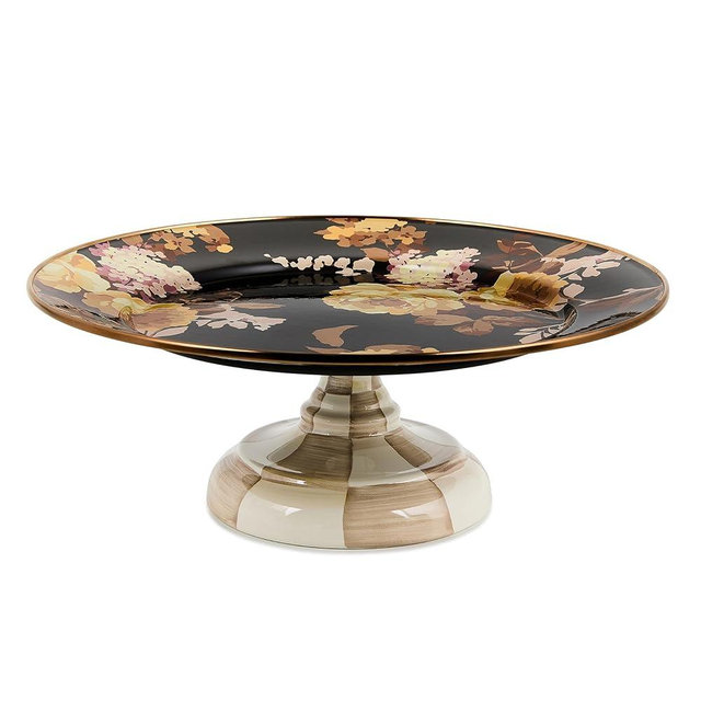 MACKENZIE-CHILDS Enamel Pedestal Platter, Round Cake Stand, Small, Wild Rose Brown
