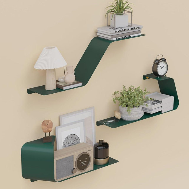Sttoraboks Floating Shelves, Wall Shelf, Set of 3 Wall Mounted Metal Shelves with Unique Design for Wall Storage, Book Shelf, Display Shelves for Bathroom Bedroom Kitchen Living Room for Home Green
