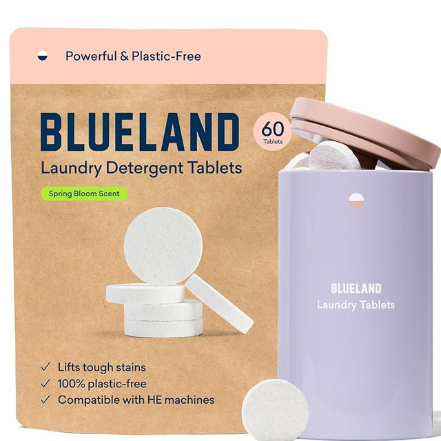 BLUELAND Laundry Detergent Tablets, Starter Set, 60 Count with Tin, Spring Bloom Scent, Plastic-Free Eco-Friendly Pods, Sheets, Liquid Alternative - Natural, Gentle, Non Toxic
