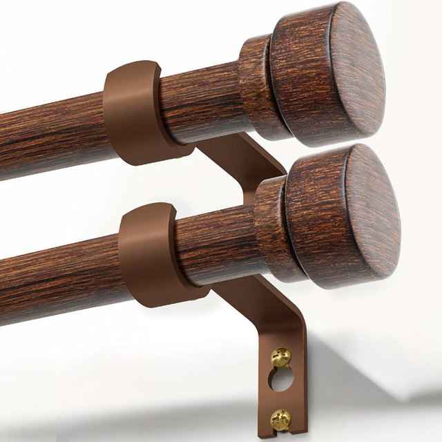2 Pack Antique Redwood Curtain Rods for Windows 66 to 120 Inches 1" Diameter Heavy Duty Window Curtain Rod Adjustable with Handmade Wood Grain Design for Living Room Bedroom Kitchen Farmhouse Outdoor
