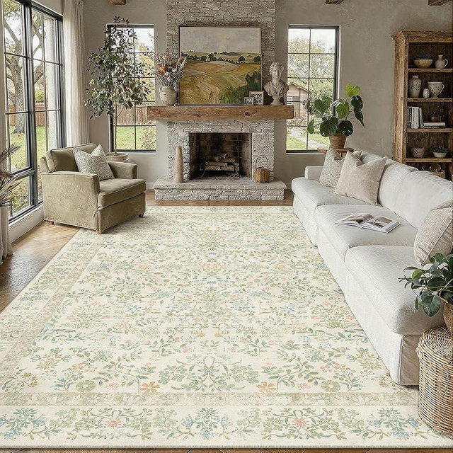 PureCozy 9x12 Light Green Area Rug for Living Room Bedroom Washable Vintage Floral Carpet Low Pile Non Slip Botanical Aesthetic Large Dining Room Soft Accent Throw Rug Nursery Office Indoor