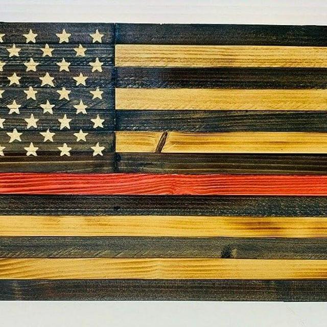 American Thin Red Line Wooden Flag with 50 Star Union Indoor And Outdoor Use Support Firefighters Patriotic Wall Art Handmade Wooden Decor, Patriotic Home Decoration