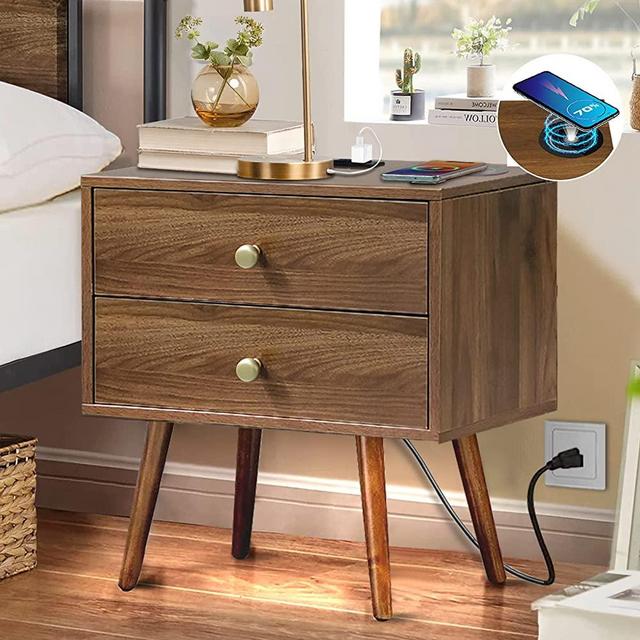 Nightstand with Charging Station and Motion Sensor Light, Mid Century Modern Side Table with Wireless Charger, Large Capacity of Two Drawer Bedside Table, Dark Wood Nightstand for Bedroom, Walnut