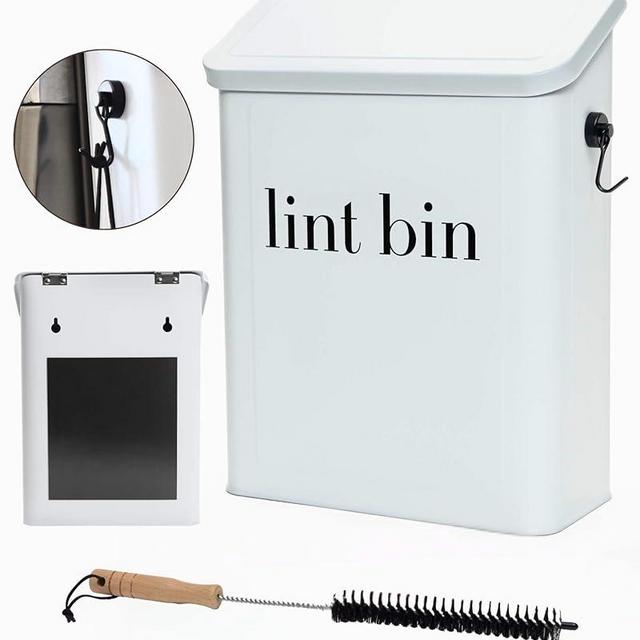 Magnetic Lint Bin for Laundry Room with Brush & Magnetic Hook, Matte White, Lint Trash Can for Laundry Room with lid, Modern Laundry Lint Bin, Dryer Lint Bin for Laundry Room Magnetic