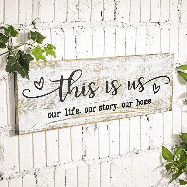 CHICVITA Rustic Wood Wall Sign, This is Us Printed Farmhouse Wall Decor For Living Room Bedroom Entryway Kitchen, 16.5" x 5.5", White
