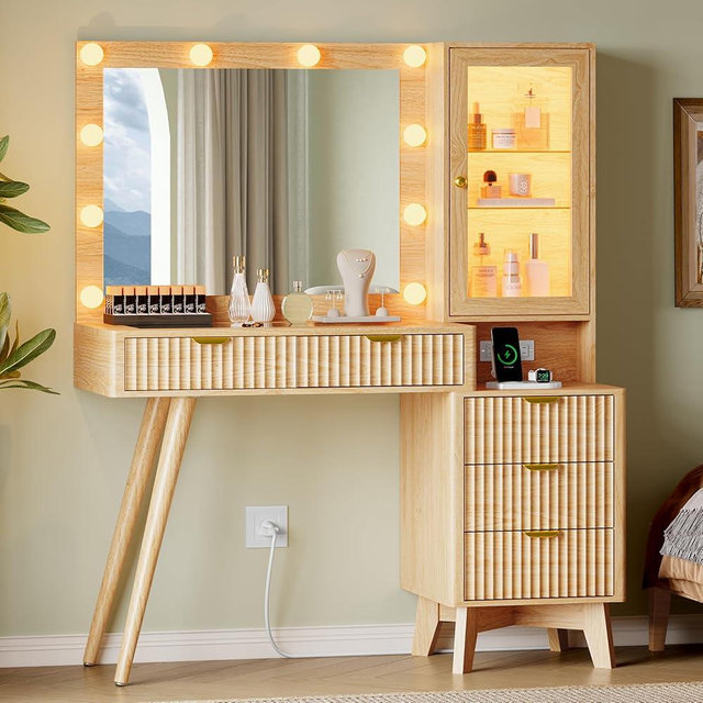 Fluted Vanity Desk with Mirror and Lights, 45" Glass Top Makeup Table Set with 5 Drawers, Power Outlet & Storage Cabinet, Large Dressing Table with RGB Ambient Light for Bedroom Women Girls, Oak