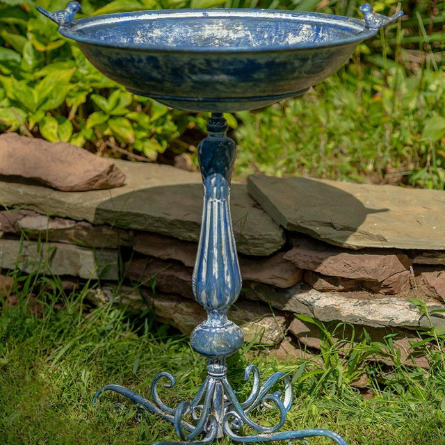 Metal Pedestal Birdbath with Cast Iron Bird Details in Frosted Blue
