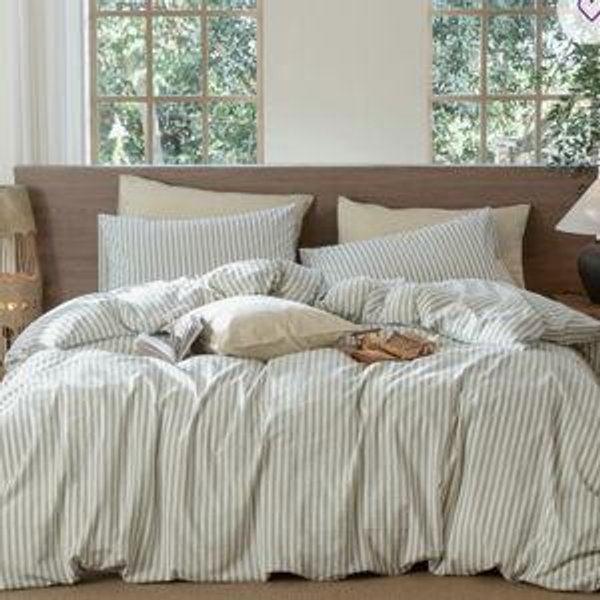 Striped Duvet Cover Set 100% Washed Cotton Linen Like Textured - Classic Stripes - Sage Green/White, Queen Duvet Cover + 2 Standard Pillowcases
