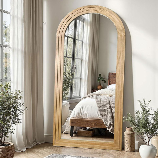 Delma Arched Full Length Mirror with Solid Wood Frame, 55x24 Farmhouse Wall Mounted Floor Mirror with Stand, Vertical Hanging, Leaning Standing for Bedroom, Living Room, Natural
