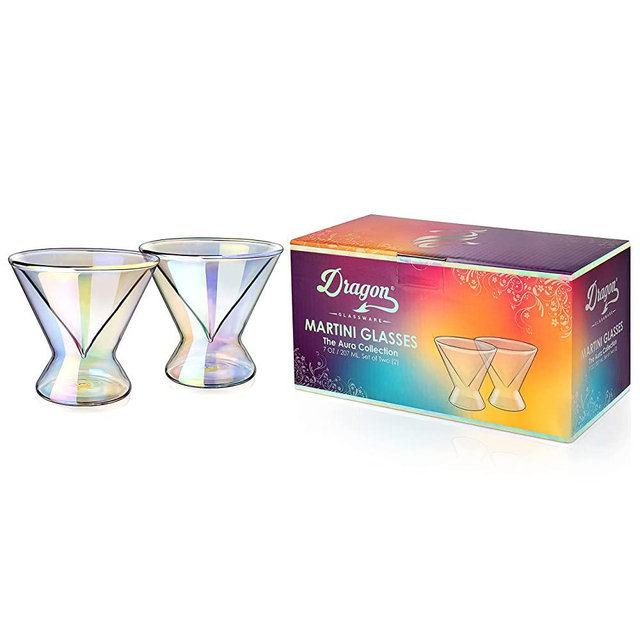 Dragon Glassware Martini Glasses, Iridescent Lead-Free Stemless Insulating Double Walled Clear Cocktail Glasses, Comes in Luxury Gift Packaging, 7-Ounce, Set of 2
