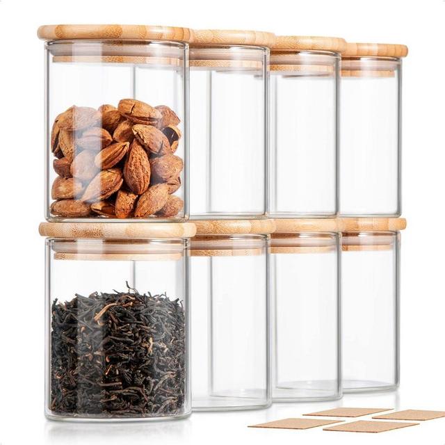 COCOYA 12 FL Oz Glass Jars with Bamboo Lid Set, 8Pack UPGRADE Clear Food Storage Canisters Kitchen Pantry Containers, for Spice Herb Nuts Tea Seed Seasoning Dry Foods Bean Sugar Snack Candy