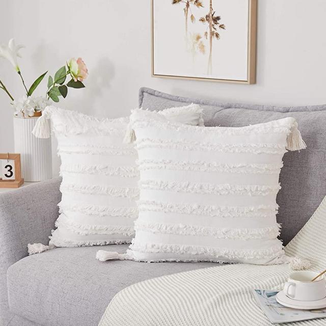 Tiaronics Set of 2 Boho Bedding Cotton Linen Throw Pillow Covers with Tassels, Decorative Throws Cushion Covers for Couch Sofa Bed Farmhouse (Ivory White, 2020")