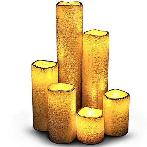 LED Lytes Flameless LED Candles with Timer Slim Set of 6, 2" Wide and 2"- 9" Tall, Gold Coated Wax and Flickering Amber Yellow Flame for Home and Wedding Decor