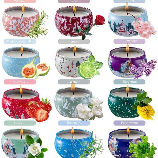 YIHANG Package Scented Candles Lemon, Fig, Lavender, Spring Fresh,Rose ，Jasmine，Vanilla，Bergamot，Strawberry, Peppermint, Rosemary, Gardenia Portable Travel Tin Candle,Set of 12