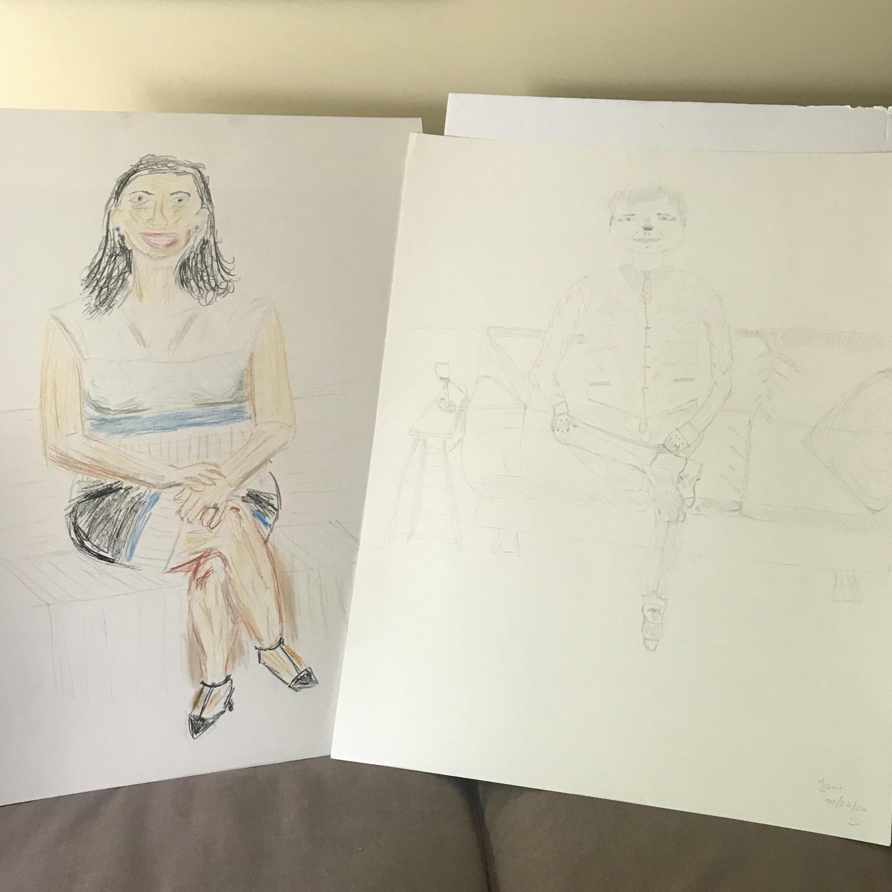 We are true artists.  We did portraits of each other. / Somos verdaderos artistas. Nos hicimos retratos el uno del otro.