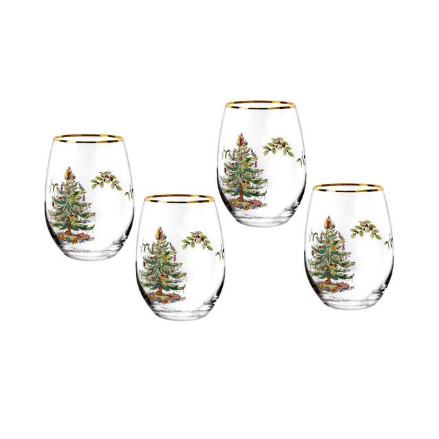 Spode Christmas Tree 19 Ounce Stemless Wine Glasses, Set of 4, 22 Karat Gold Rim - 19 oz