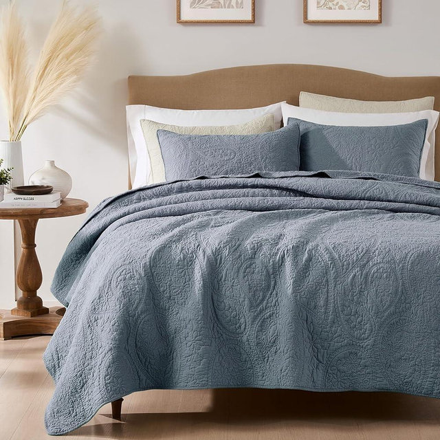 PALASSIO Dusty Blue Paisley 100% Cotton Quilt Queen Size Bedding Set with 2 Pillow Shams, Boho Floral Lightweight Farmhouse Country Vintage Soft Bedspread Shabby Chic Coverlet for All Season, 3 Pieces