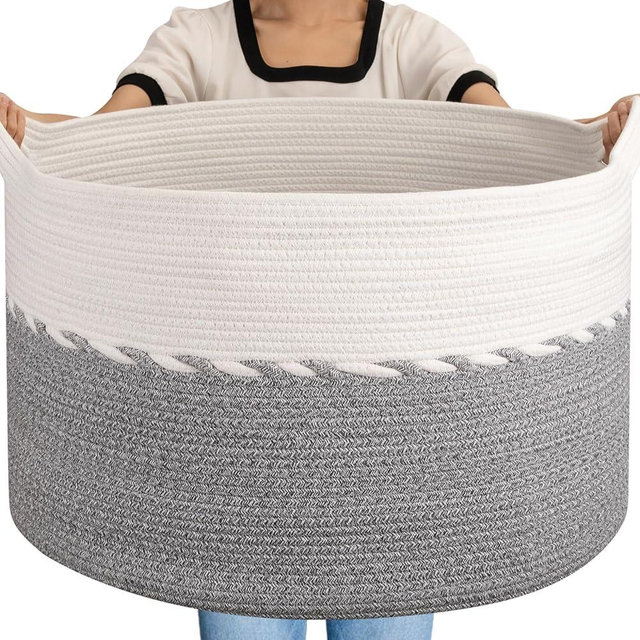 OIAHOMY 125L Extra Large Blanket Basket, 25" x 16", Jumbo Laundry Basket, Cotton Rope Basket with Handles, Baby Toy Basket for Storage,Grey