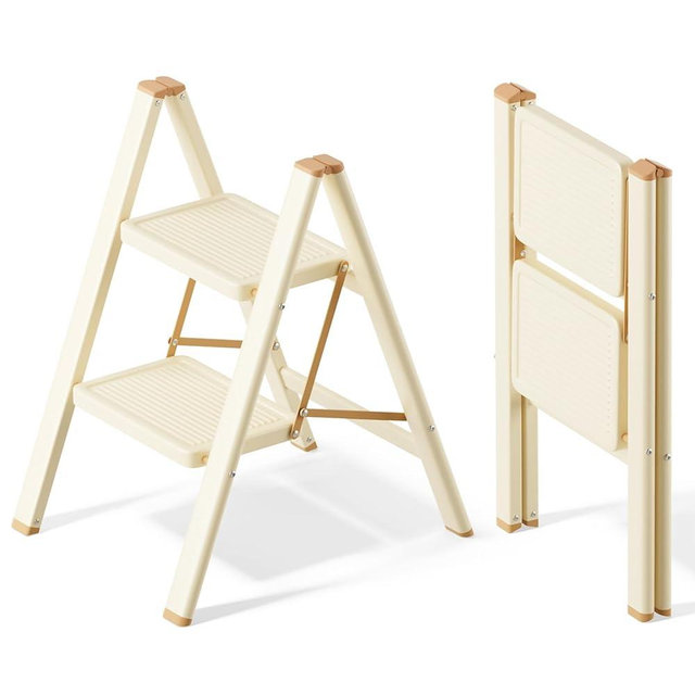 SOLADDER 2 Step Ladder, Anti-Slip and Lightweight Foldable Step Stool for Adults & Kids to Use in Kitchen,Closet and Library, 300lbs(Cream Chocalate)