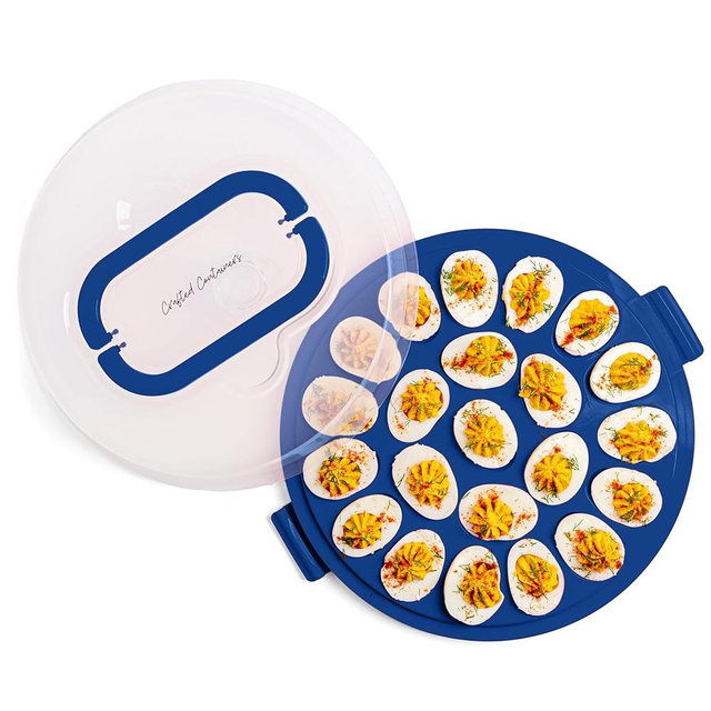 Crafted Containers Deviled Egg Carrier with Lid & Handles, 22-Count Portable Tray, Dishwasher-Safe – Blue
