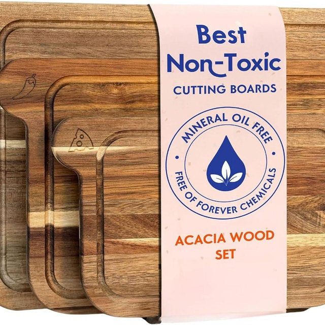 Non-Toxic Acacia Wood Cutting Board Set | FSC Certified 3-Piece Kitchen Boards – Eco-Friendly, Plastic-Free, Mineral Oil Free Gift