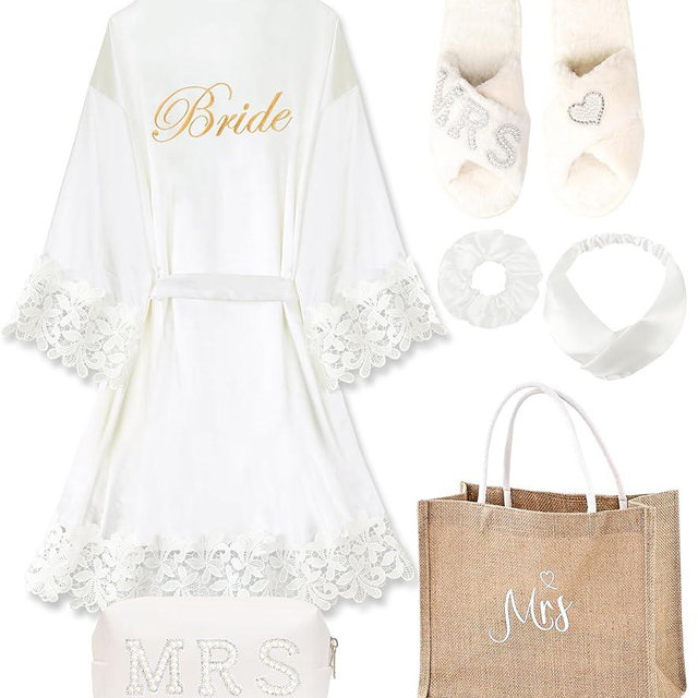 ALHAVONE 6 Pcs Women Bride Robe with Accessories for Bride Bachelorette Party Engagement Honeymoon Bridal Shower Gift
