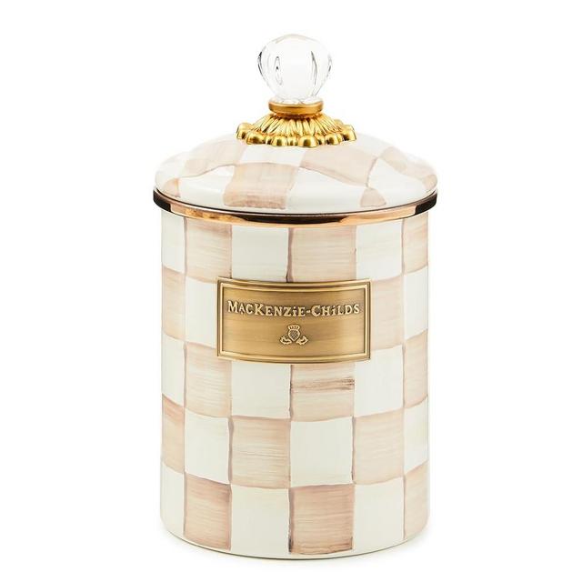 MACKENZIE-CHILDS Medium Enamel Canister, Kitchen Storage Container with Lid, Brown-and-White Mocha Check